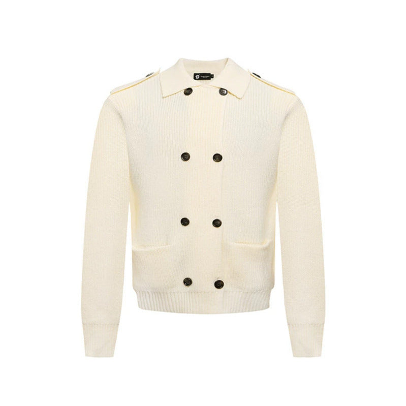 Men's knit double-breasted cardigan with collar, shoulder tabs, and welt pockets Amarae