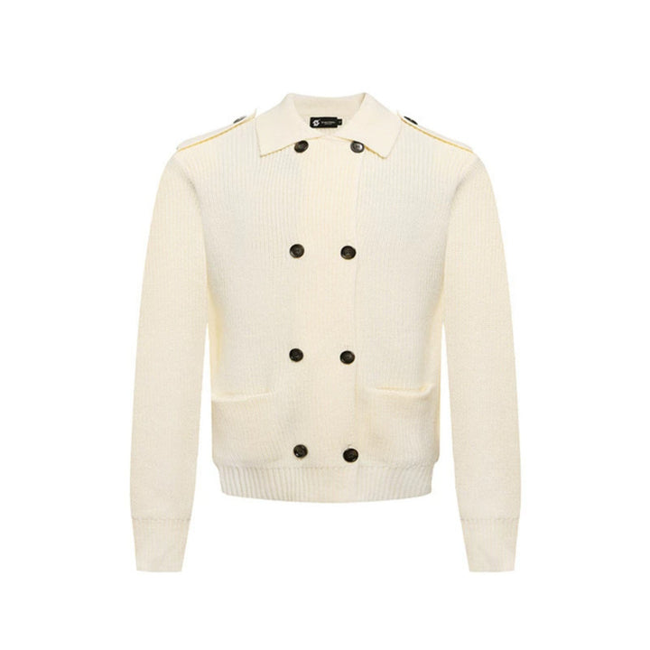 Men's knit double-breasted cardigan with collar, shoulder tabs, and welt pockets Amarae