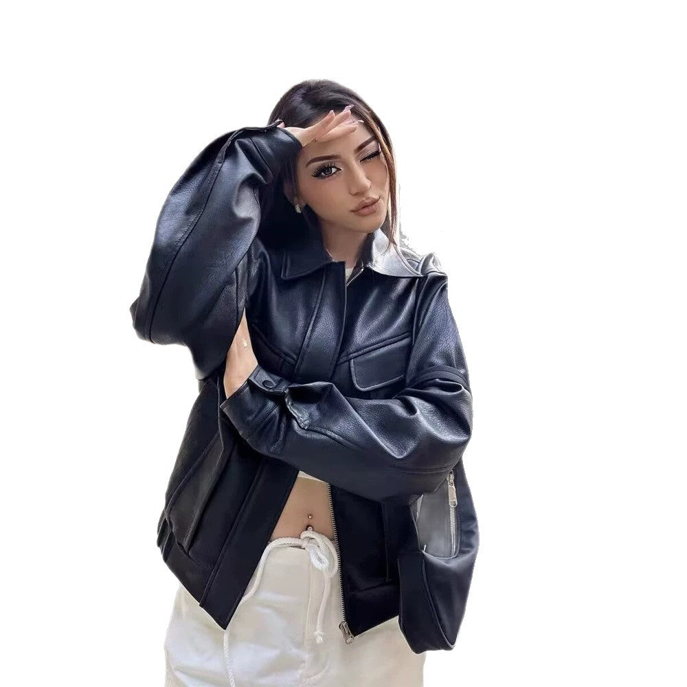 Ladies short-cut faux leather jacket in boxy cut with voluminous balloon sleeves Amarae