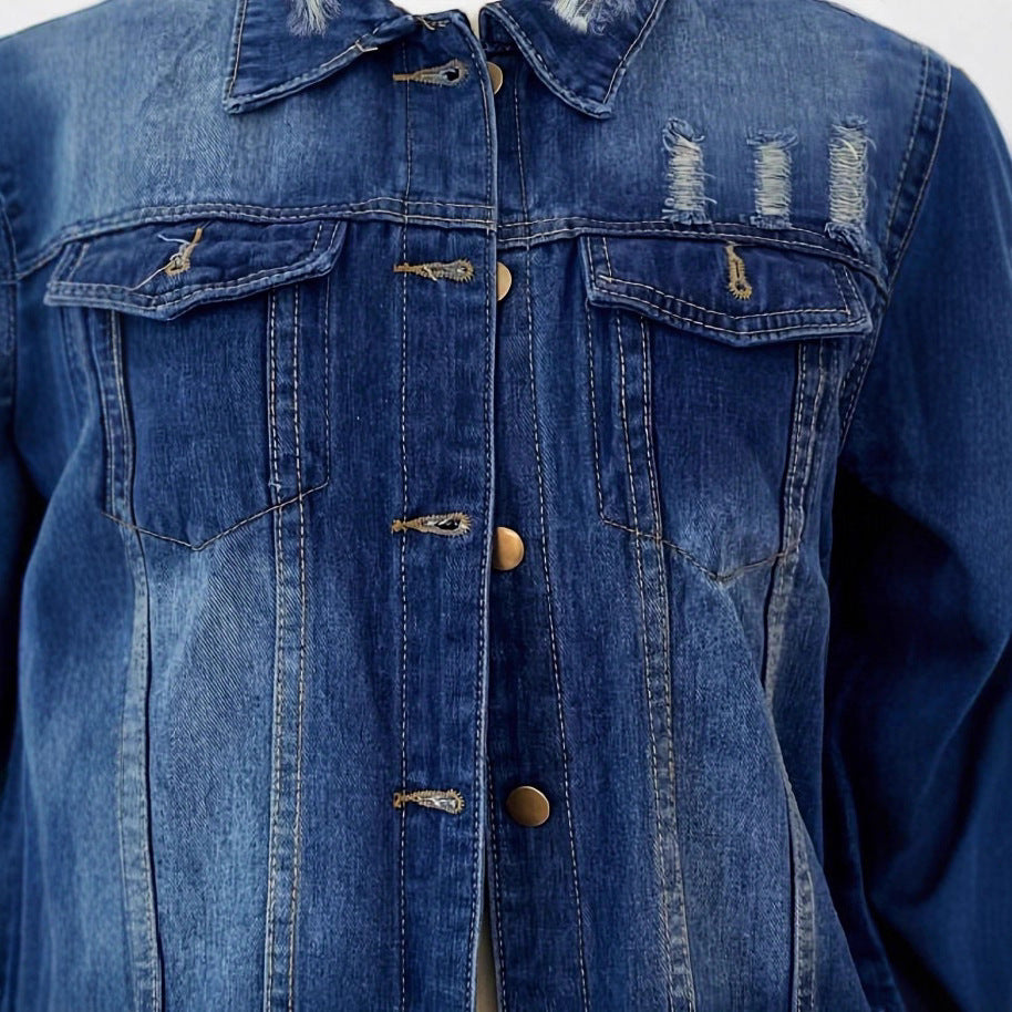 Women's Oversize Longline Denim Jacket with Distressed Details and Flap Pockets Amarae