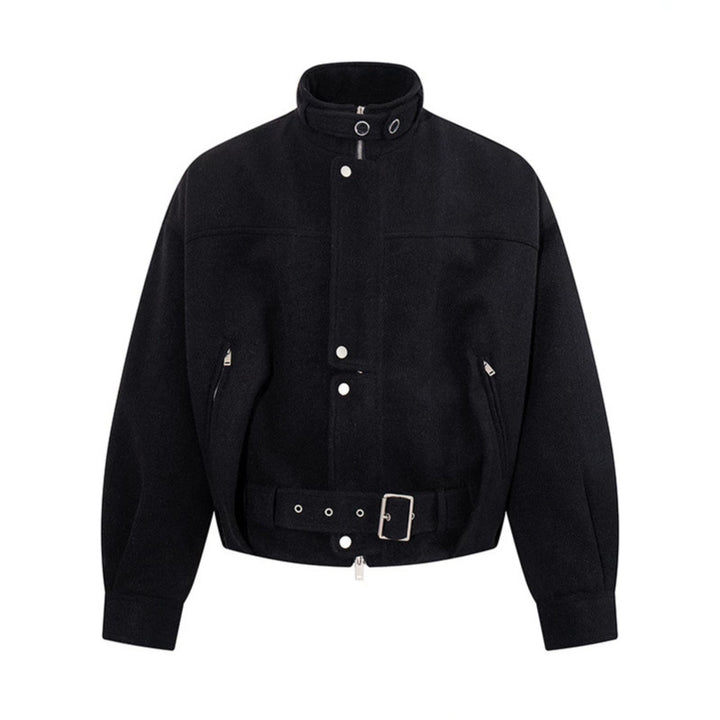 Women's short wool bomber jacket with high stand collar, waist belt and concealed zipper Amarae