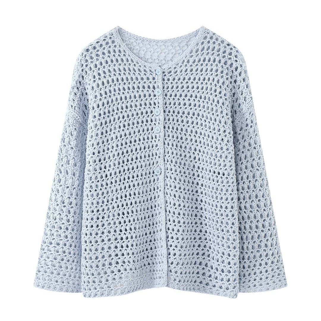 Women Crocheted Open Long Cardigan made of Cotton Blend with Hole Pattern and Button Placket Amarae