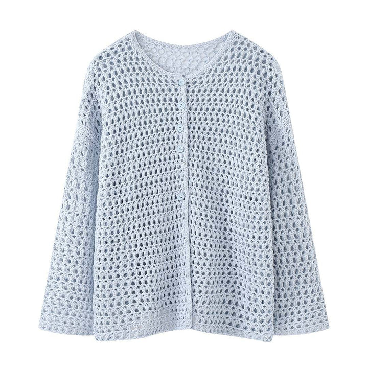 Women Crocheted Open Long Cardigan made of Cotton Blend with Hole Pattern and Button Placket Amarae
