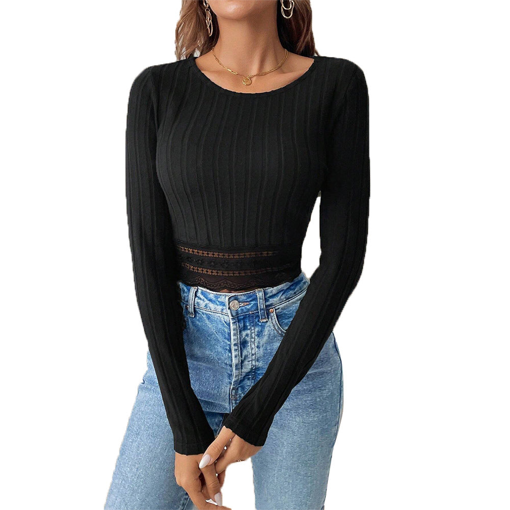 Haut femme cropped à manches longues avec accents en dentelle raffinée Chic & Stil