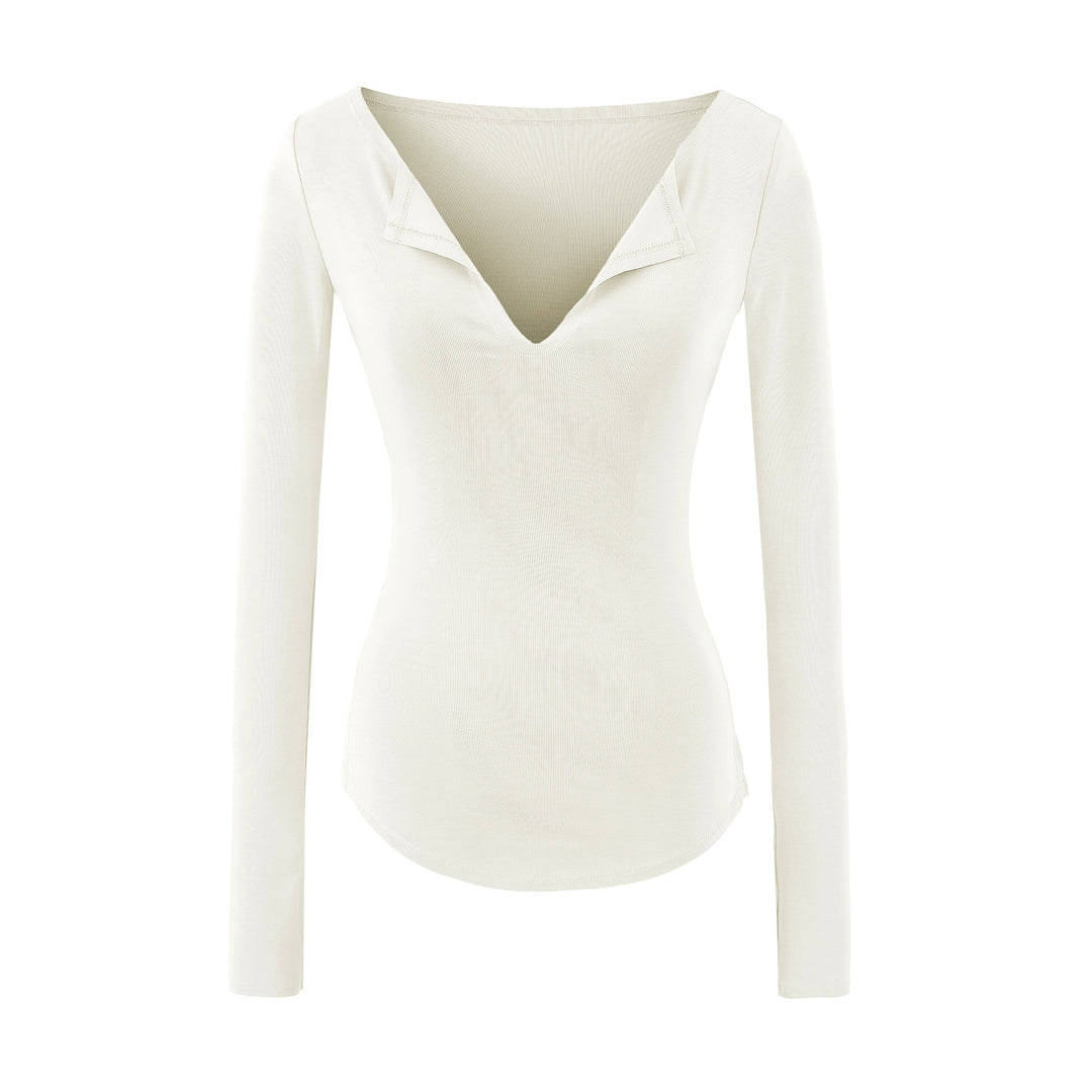 Women's fitted ribbed knit long sleeve with deep V-neck and collar trim Amarae