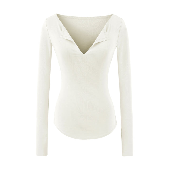 Women's fitted ribbed knit long sleeve with deep V-neck and collar trim Amarae