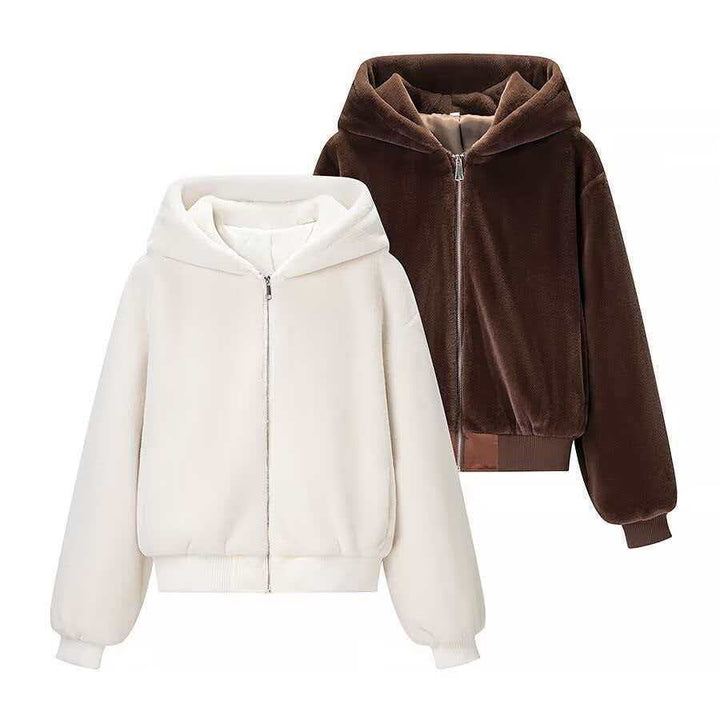 Women's Cozy Hooded Bomber Jacket in Teddy Finish Amarae