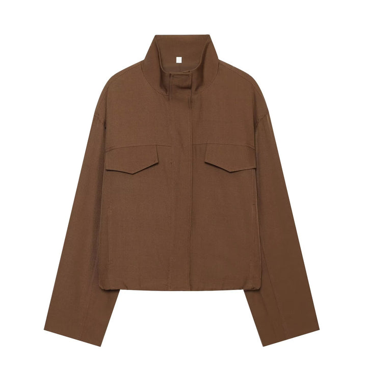 Women's Boxy Cropped Utility Jacket with High Stand Collar and Flap Pockets