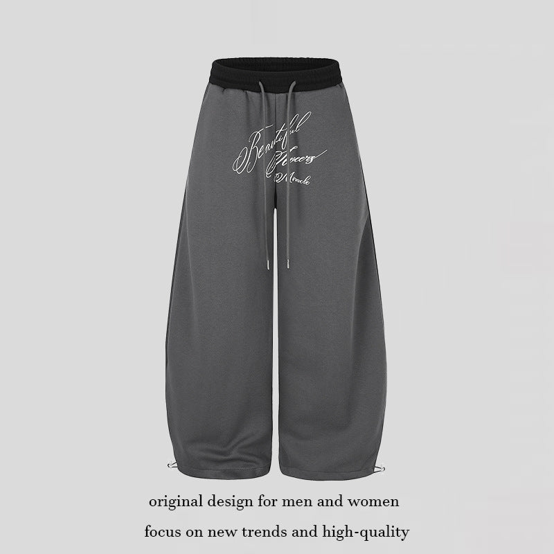 Women's Wide Culotte Sweatpants with High Waist, Drawstring, and Elegant Script Print