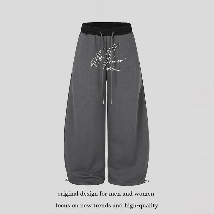 Women's Wide Culotte Sweatpants with High Waist, Drawstring, and Elegant Script Print