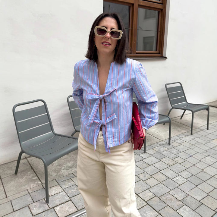 Women's Striped Tie Blouse with Bow Front, V-Neck & Balloon Sleeves Amarae