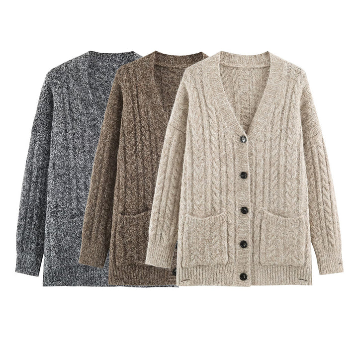 Women Large Knitted Oversize Cardigan with Cable Knit V-Neck and Patch Pockets Amarae
