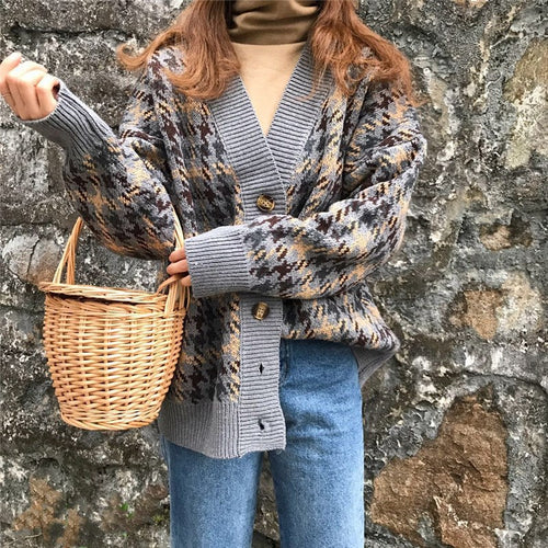 Plaid knit jacket for women with vintage buttons Amarae