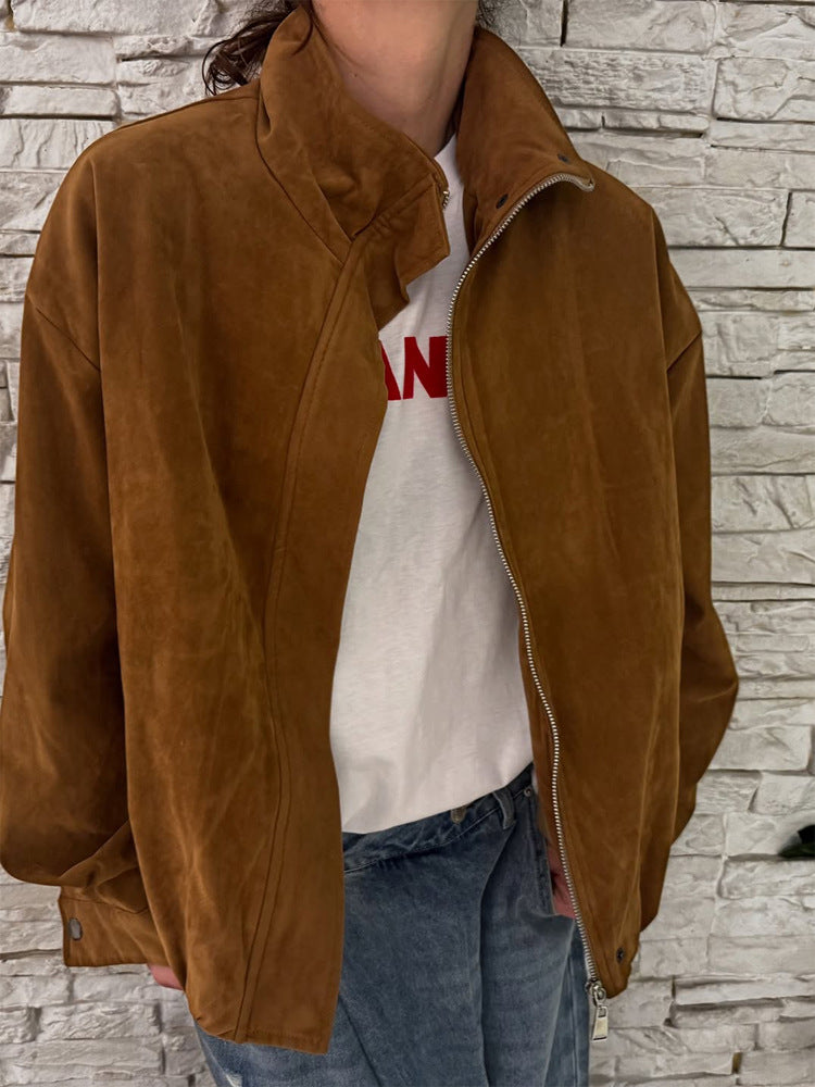 Women's Oversize Suede Blouson with High Standing Collar and Metal Zipper Amarae