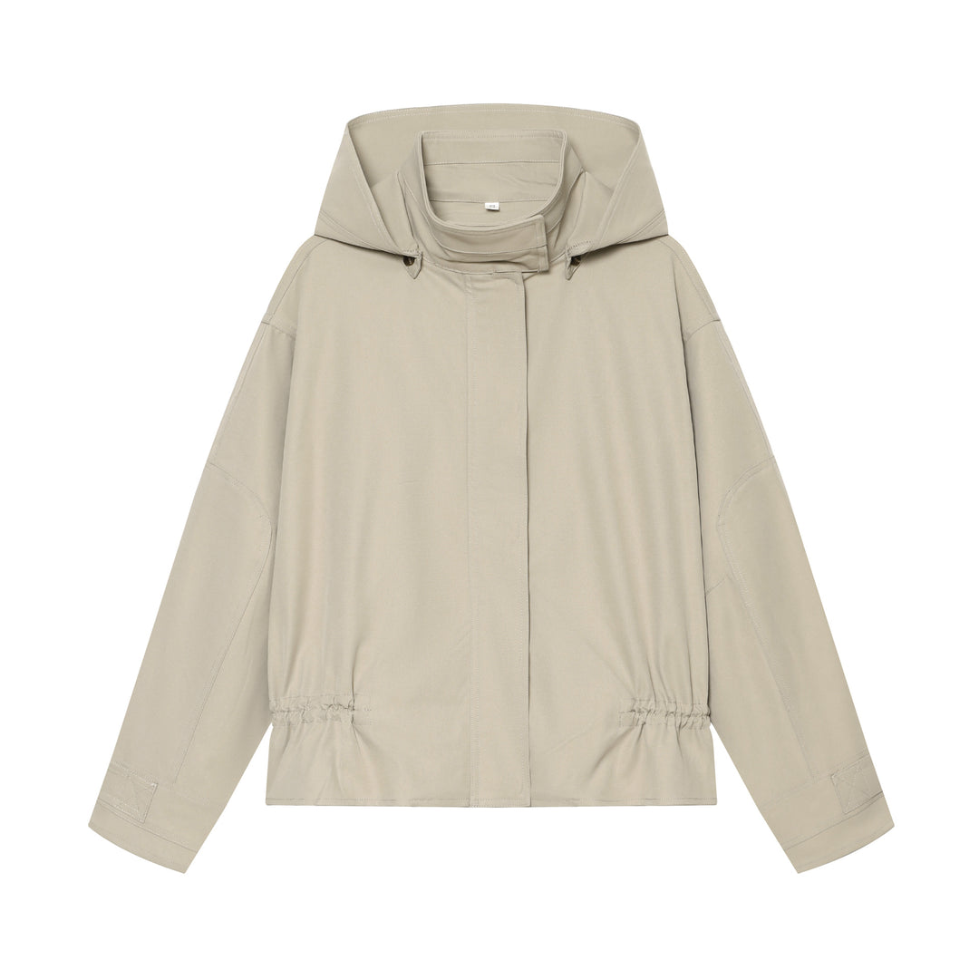 Women short parka with high funnel collar, drawstring waist and concealed button placket Amarae