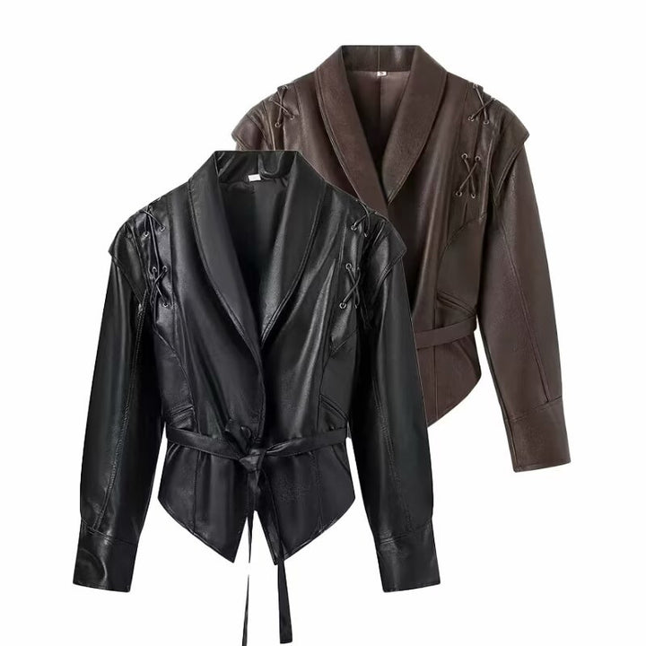 Synthetic leather jacket for women with adjustable belt and contrast stitching Lune London