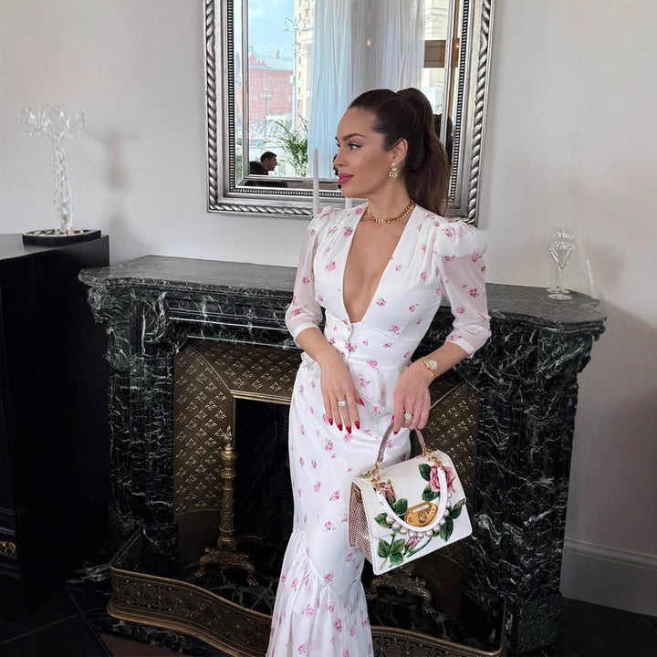 Women's Floral Satin Midi Dress with Deep V-Neck, Puff Sleeves, and Tailored Gathering Amarae