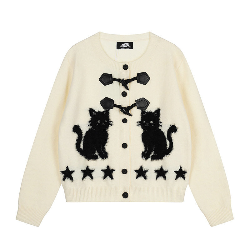 Women's cardigan with cat jacquard, decorative toggle closure and star trim Amarae
