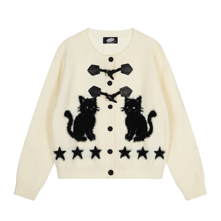 Women's cardigan with cat jacquard, decorative toggle closure and star trim Amarae