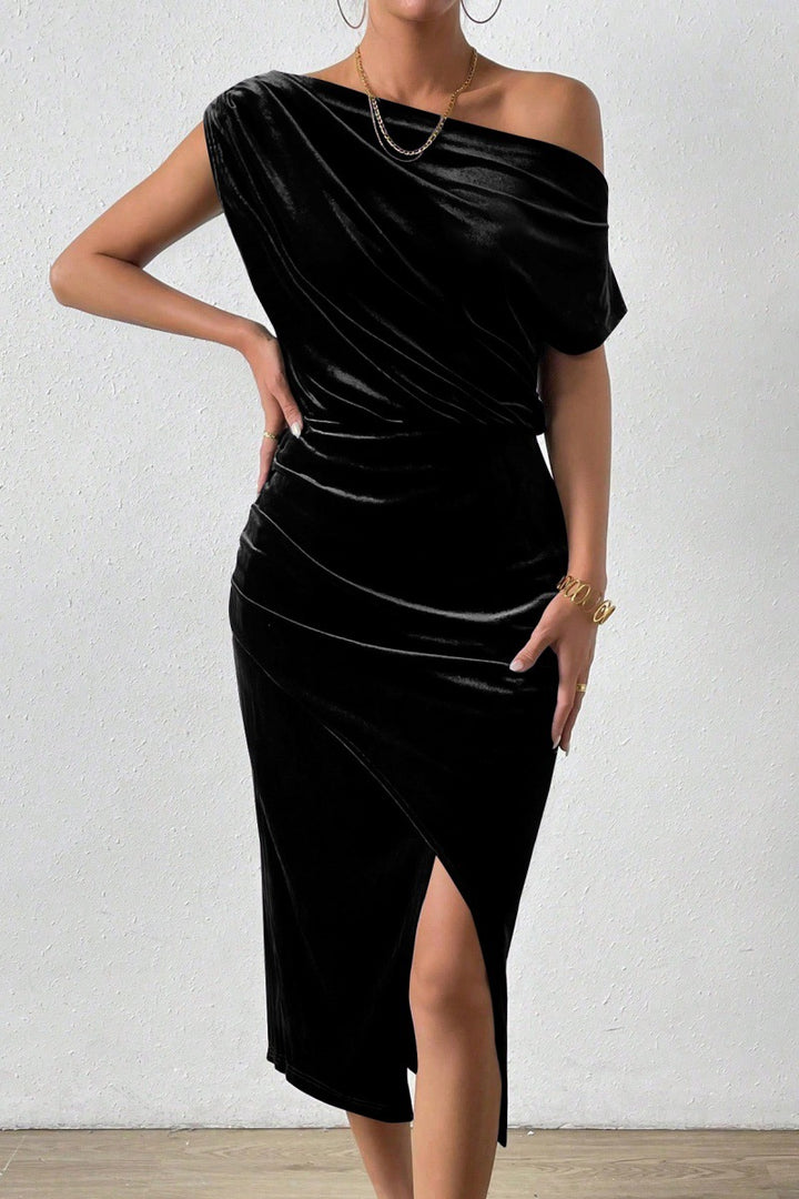 Elegant wrap dress for women with asymmetrical neckline and side slit Lune London