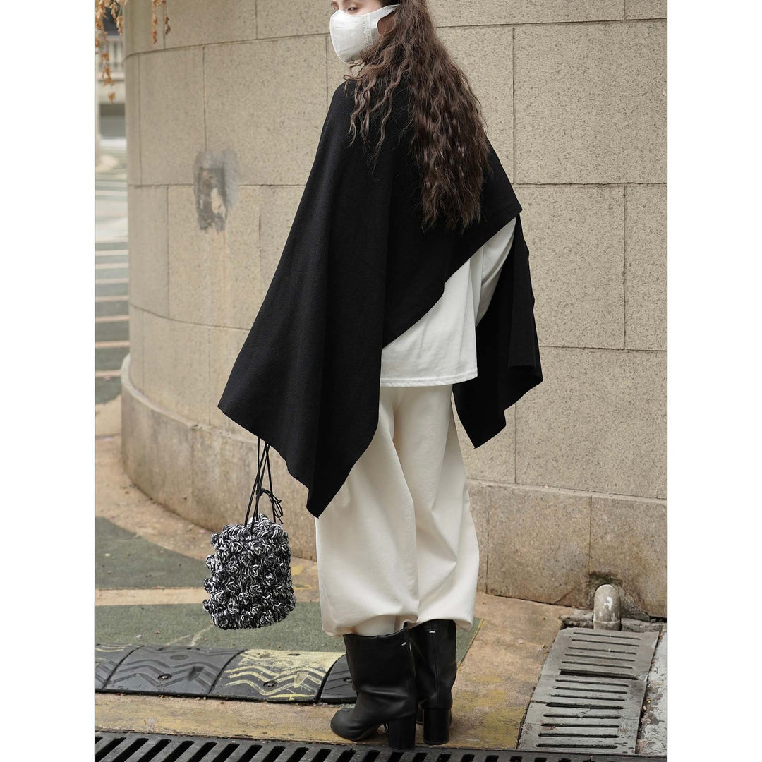 Women's Asymmetrical Knit Poncho with Button Collar and Oversized Silhouette Amarae