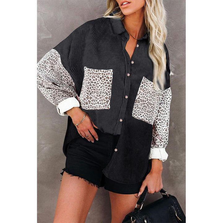 Ladies oversized shirt blouse with textured fabric and leopard print inserts Amarae