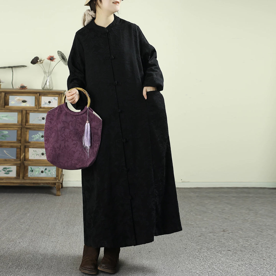 Amarae | Size Black Oriental Jacquard Spandex Coats with Buttons