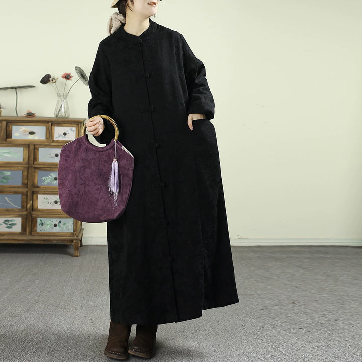 Amarae | Size Black Oriental Jacquard Spandex Coats with Buttons