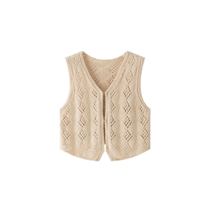 Ladies finely knitted short vest with V-neck, ajour pattern and hook closure Amarae