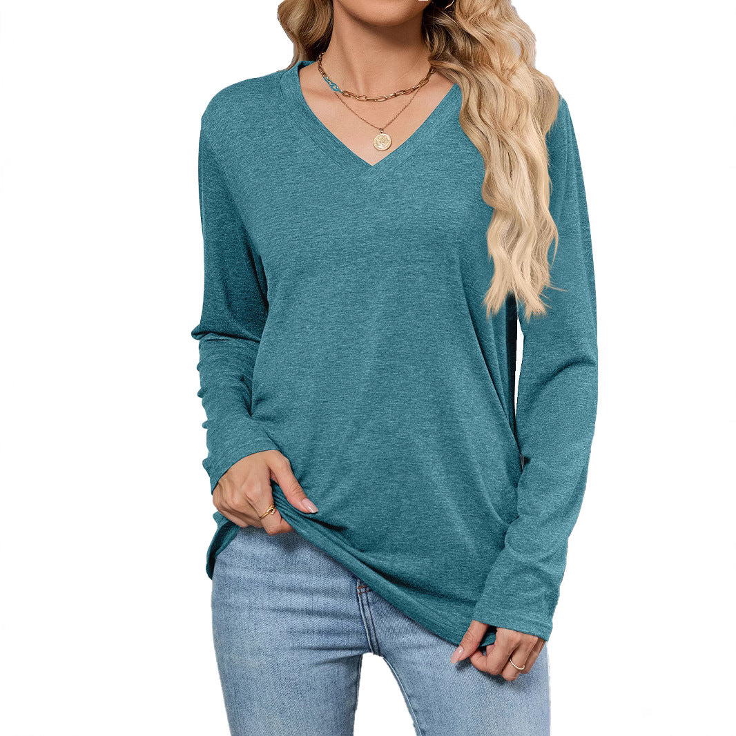 Women's Viscose Blouse with Long Sleeves and Fashionable V Neck and Chic Loose Fit