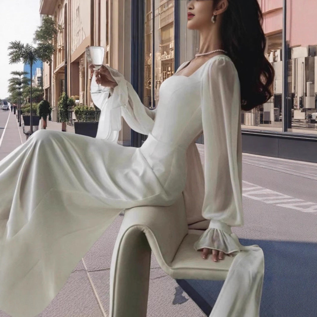 Ladies elegant maxi dress with puff sleeves and square neckline Lune London