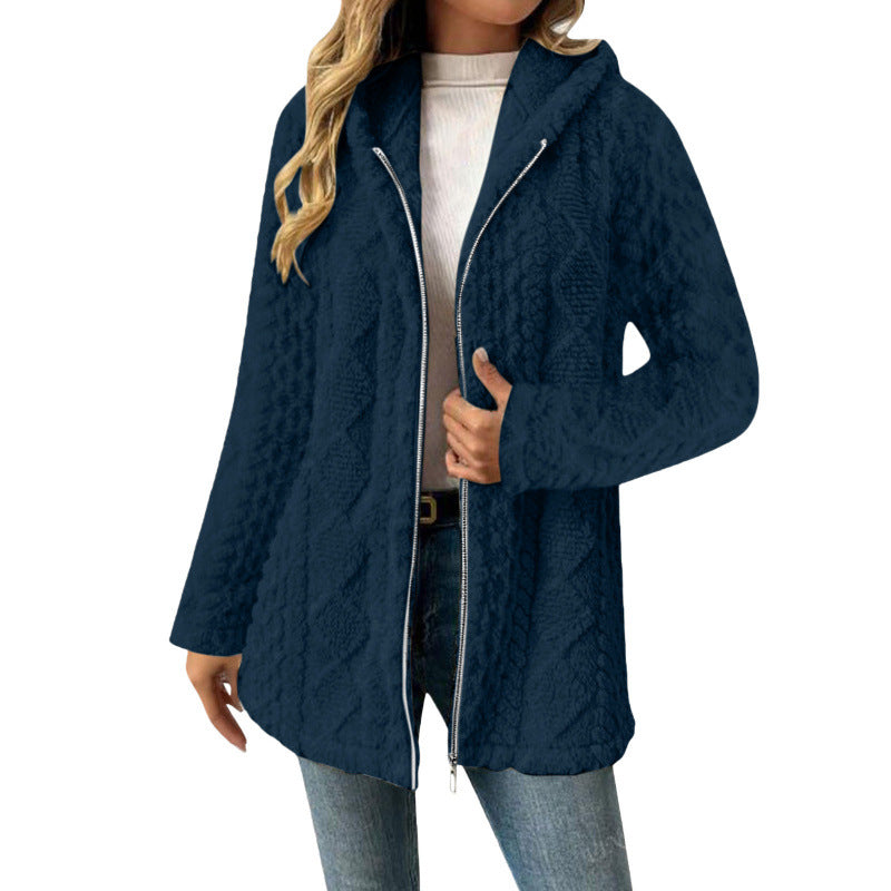 Women's Hooded Sherpa Jacket with Cable Pattern, Medium Length and Two-Way Zipper Amarae