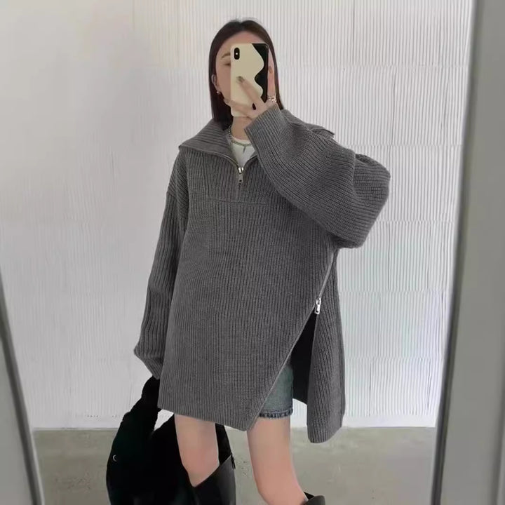 Gros pull en tricot pour femmes avec fermeture éclair et fentes latérales Chic & Stil