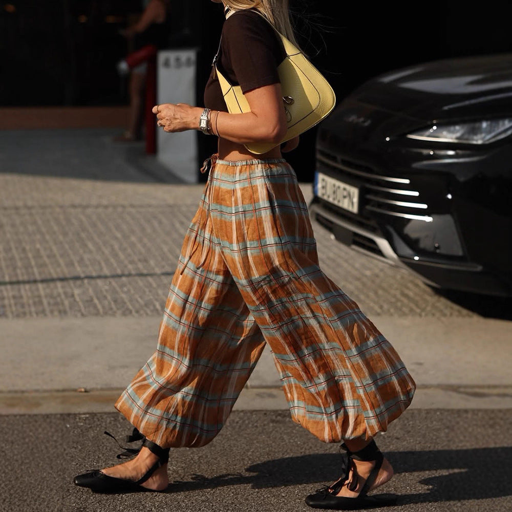 Women wide plaid harem pants with elastic waistband, drawstring & gathered ankle cuffs Amarae