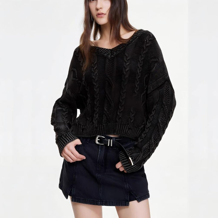 Pull en maille pour femmes avec motif en cable et col en V Chic & Stil