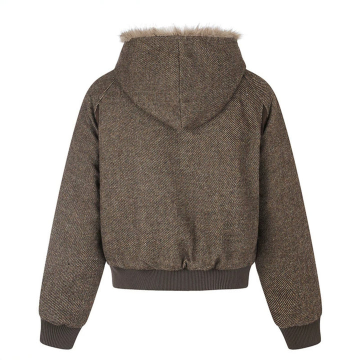 Women's hooded bomber jacket with faux fur lining, asymmetrical multi-button placket, and ribbed hem Amarae