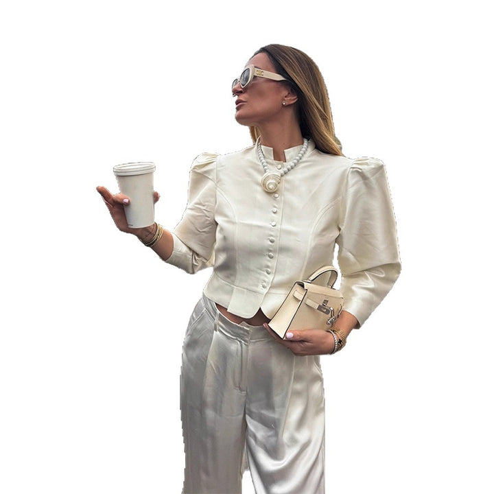 Women Tailored Satin Bolero Jacket with Stand-up Collar & Emphasized Puff Sleeves Amarae