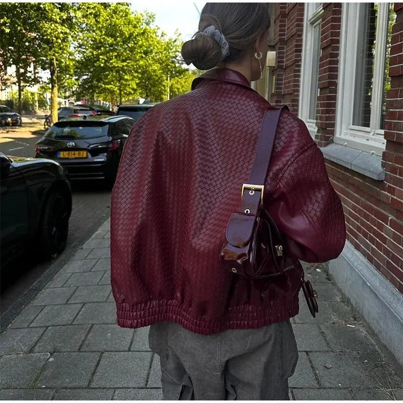 Faux leather bomber jacket for women with structured design and elastic waist Lune London