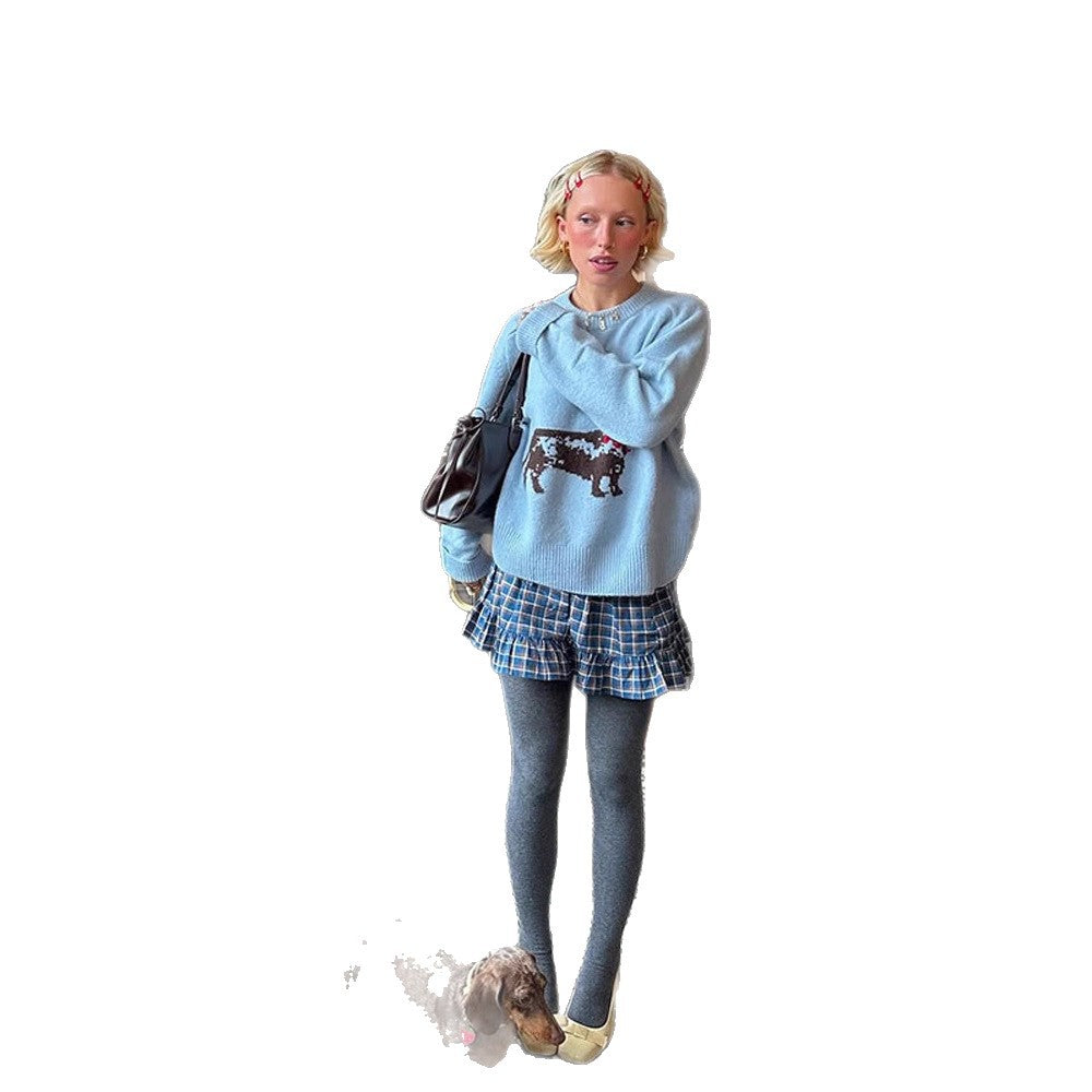Women's knit sweater with dachshund intarsia and relaxed oversized fit Amarae
