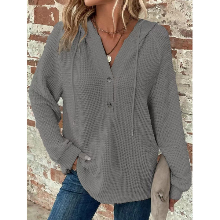 Women Waffle Knit Hoodie with Henley Button Placket and Oversized Cut Amarae