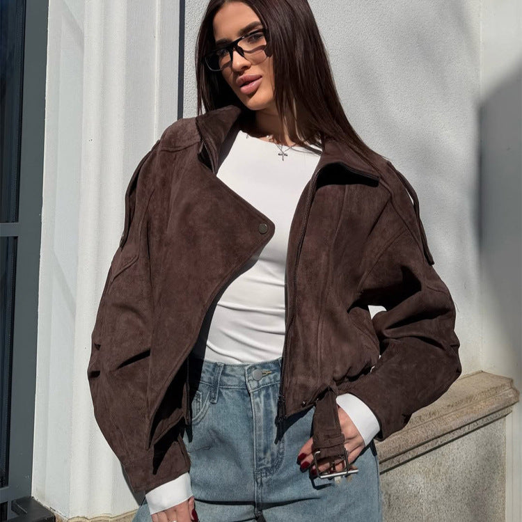 Ladies short-cut suede bomber jacket with belt & oversized sleeves Amarae