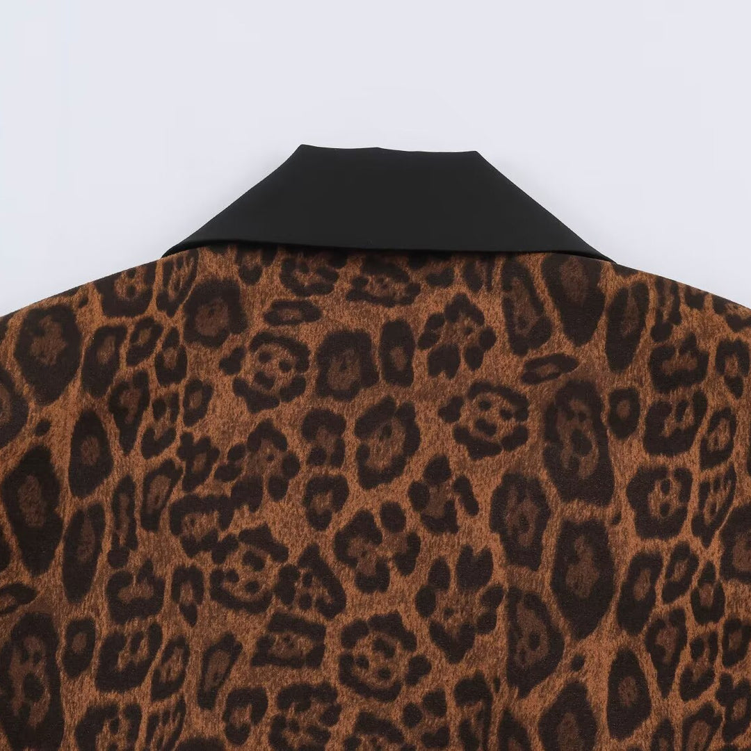 Women Double-Breasted Coat with Leopard Print and Satin Shawl Collar Amarae