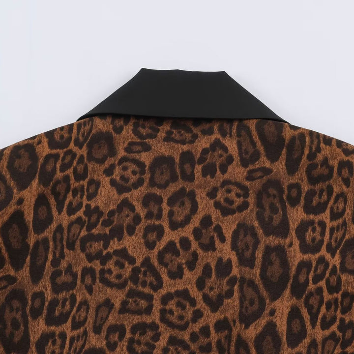 Women Double-Breasted Coat with Leopard Print and Satin Shawl Collar Amarae