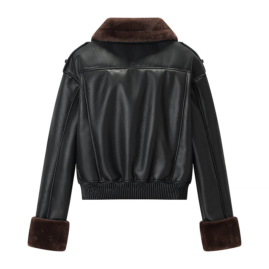 Women short-cut pilot jacket made of leather look with soft fur collar Amarae
