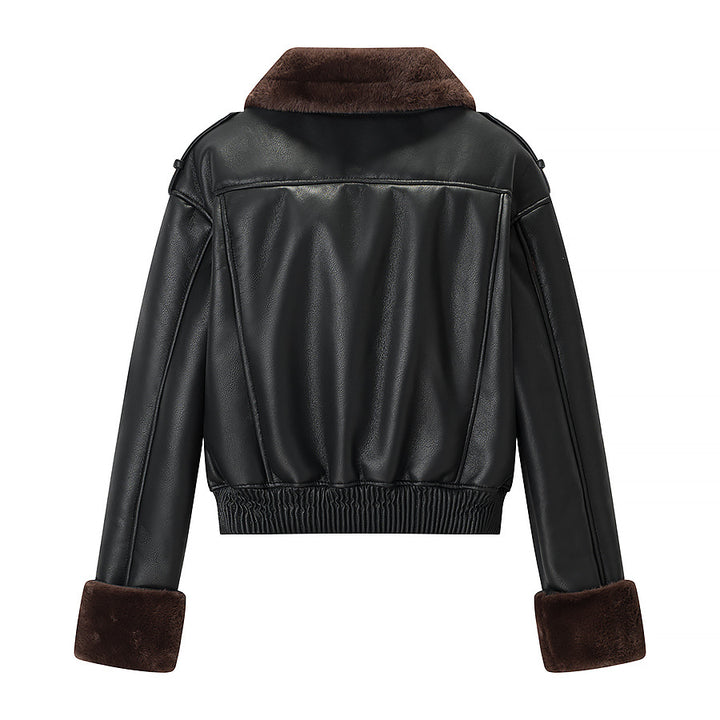 Women short-cut pilot jacket made of leather look with soft fur collar Amarae