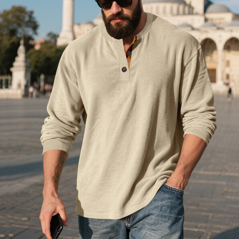 Men's long sleeve Henley shirt with textured fabric and trendy button details Lune London