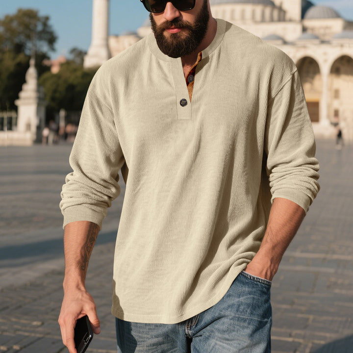 Men's long sleeve Henley shirt with textured fabric and trendy button details Lune London