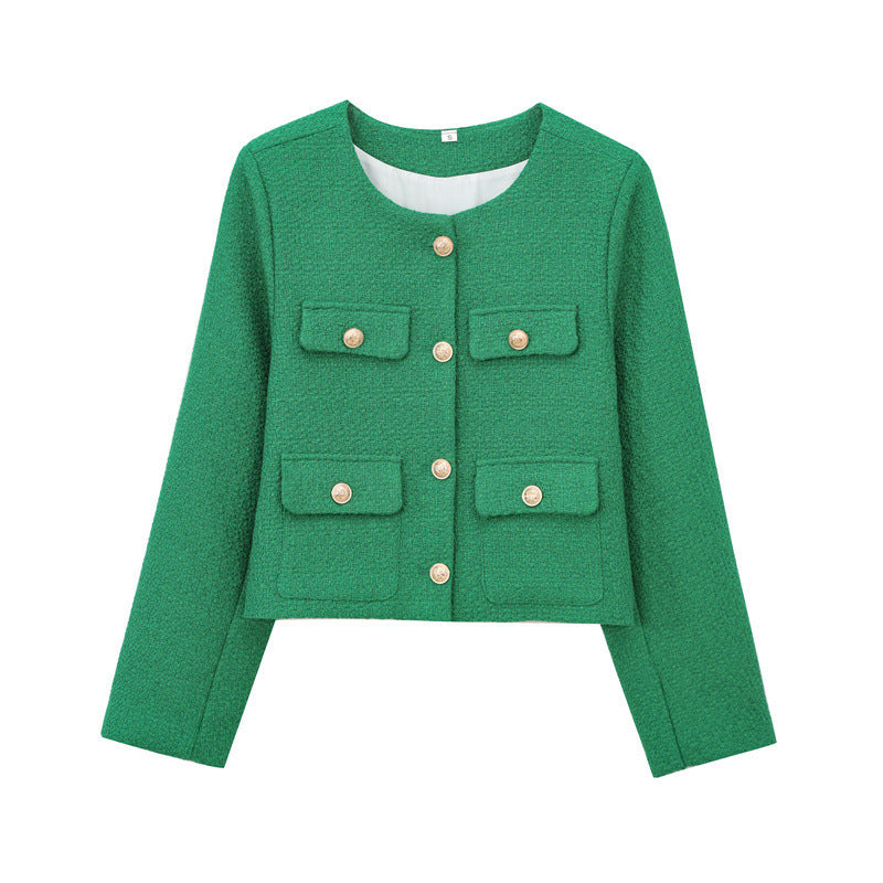 Trendy short jacket for women with gold buttons and patch pockets Lune London