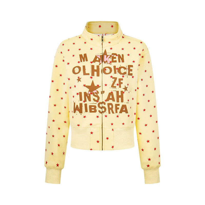 Women's Short Zipper Sweat Jacket with Stand-Up Collar, Allover Star Print and Statement Front Print Amarae