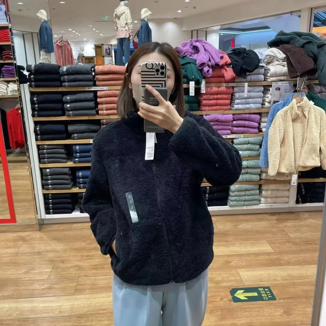 Women Cozy Fleece Jacket with High Collar and Zip Lune London